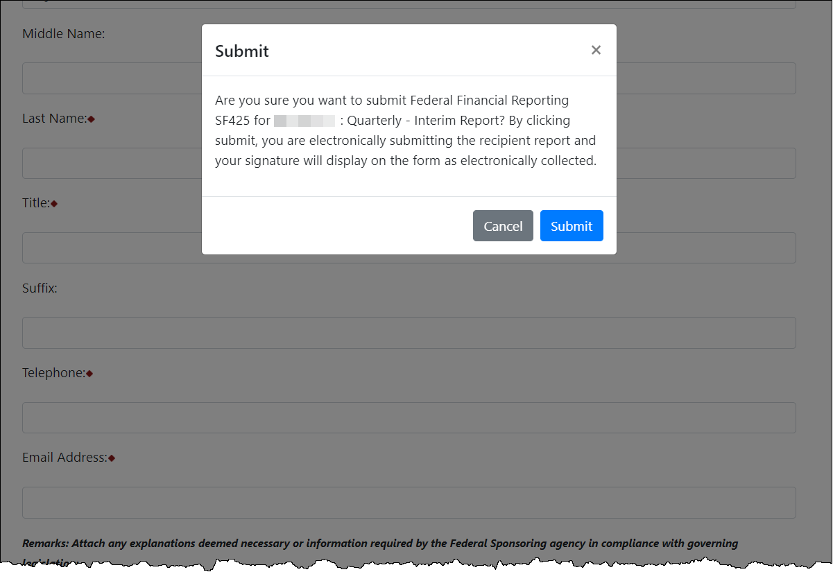 Submit Pop-Up Window for Recipient Financial Reporting